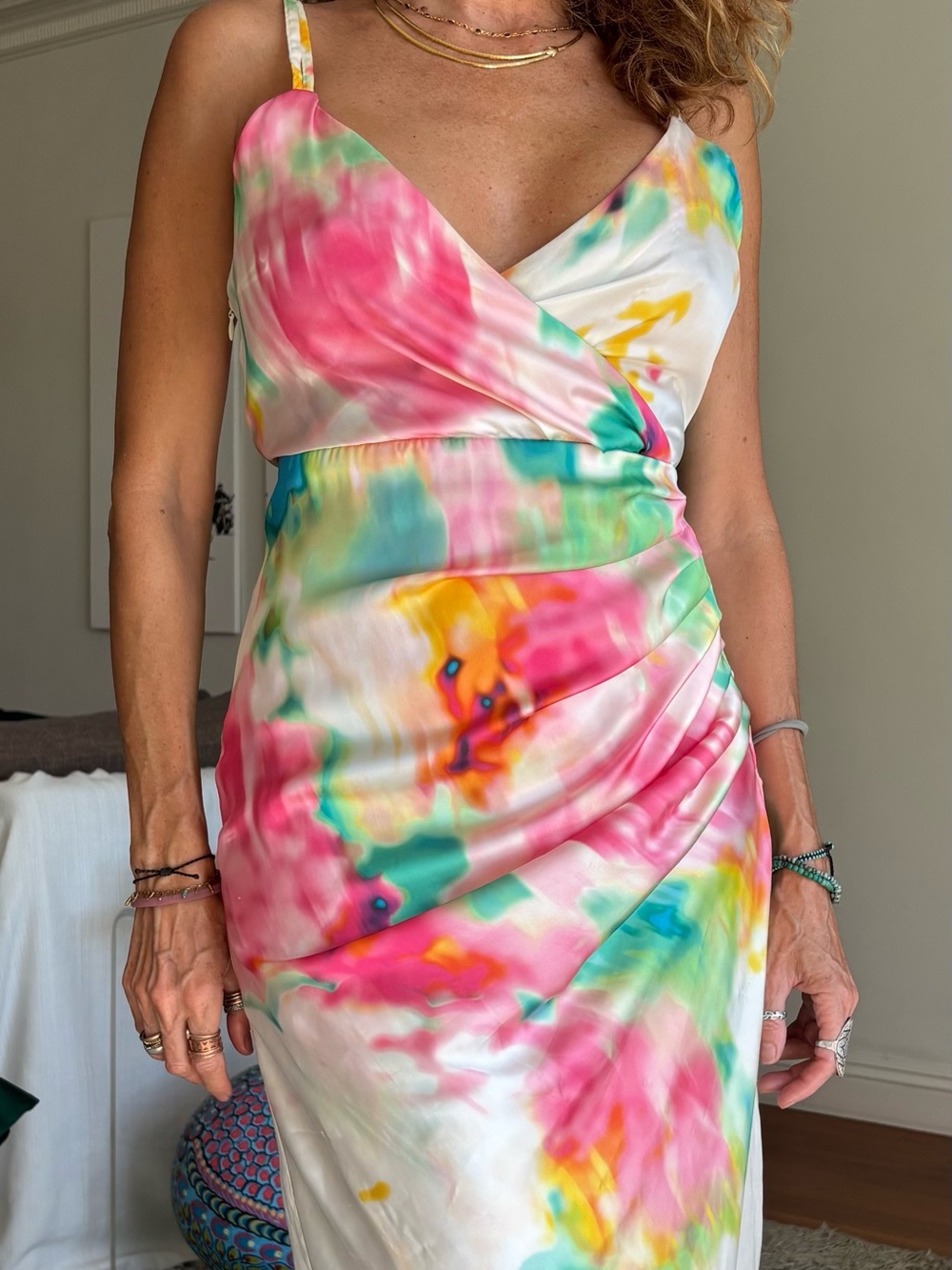 Zara Multicolor Satin Maxi Cocktail Dress in Pink, Aqua & Yellow